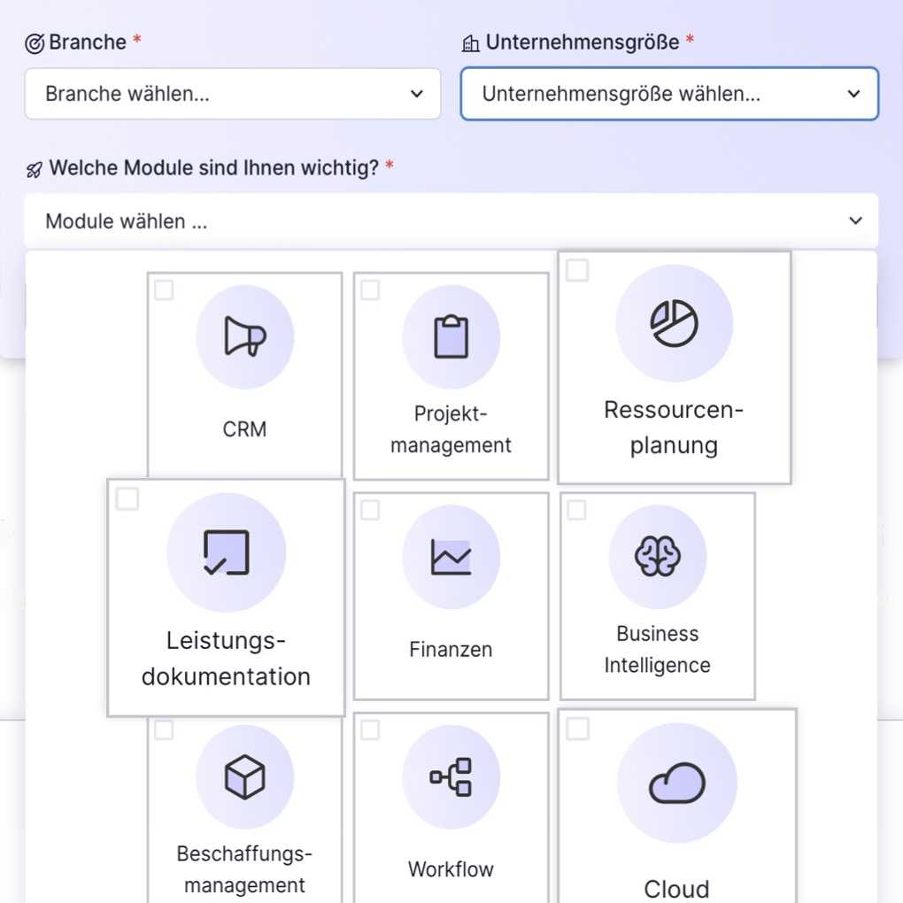 Es ist eine Website zu sehen, auf der man nach Branche, Unternehmensgröße und Module filtern kann.