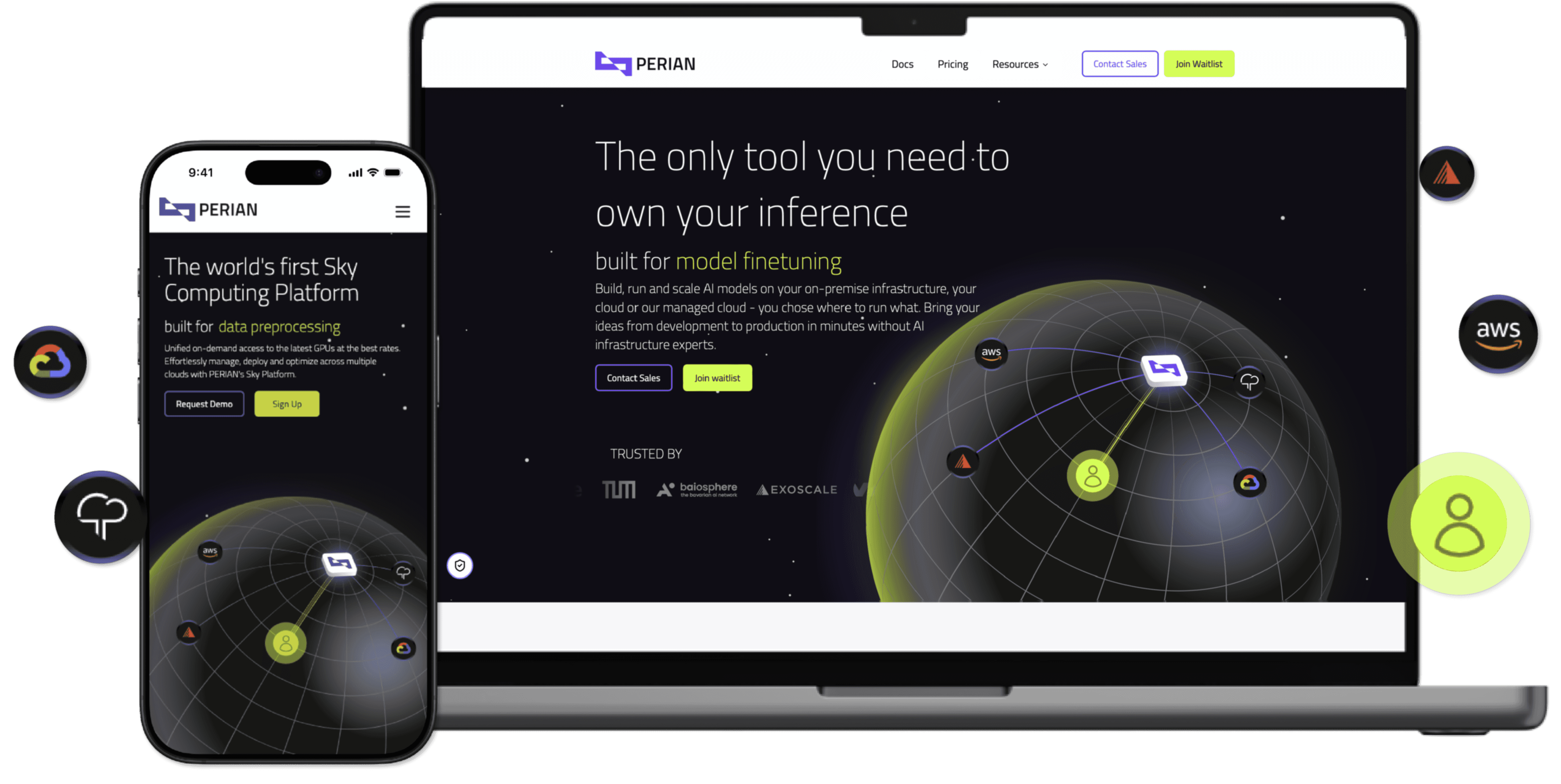 A desktop and mobile view of Perian's home page, which shows a globe.