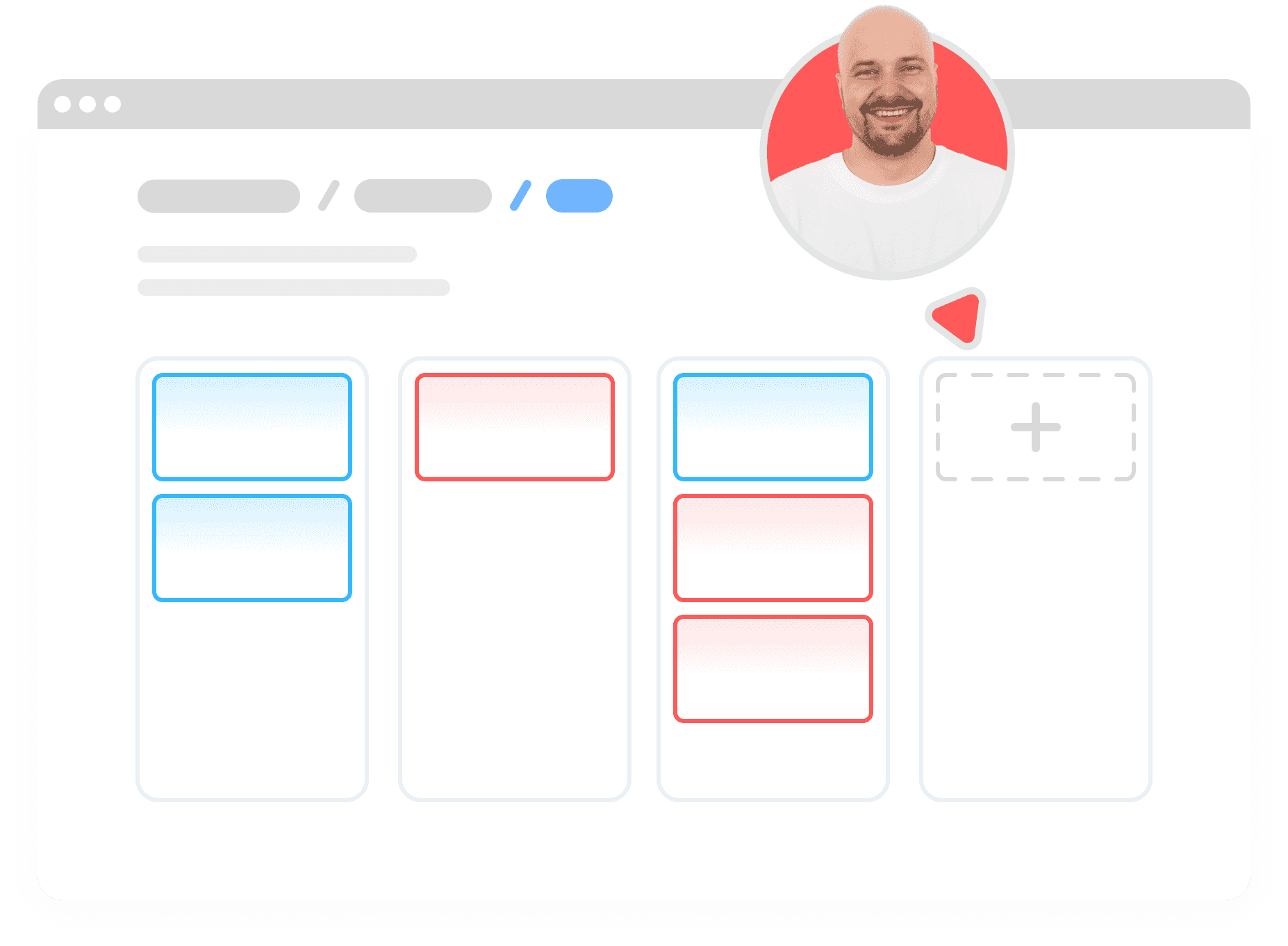 Vereinfachtes UI eines Kanban Boards. Maus eines Entwicklers klickt auf ein Feld, um ein Ticket zu erstellen.