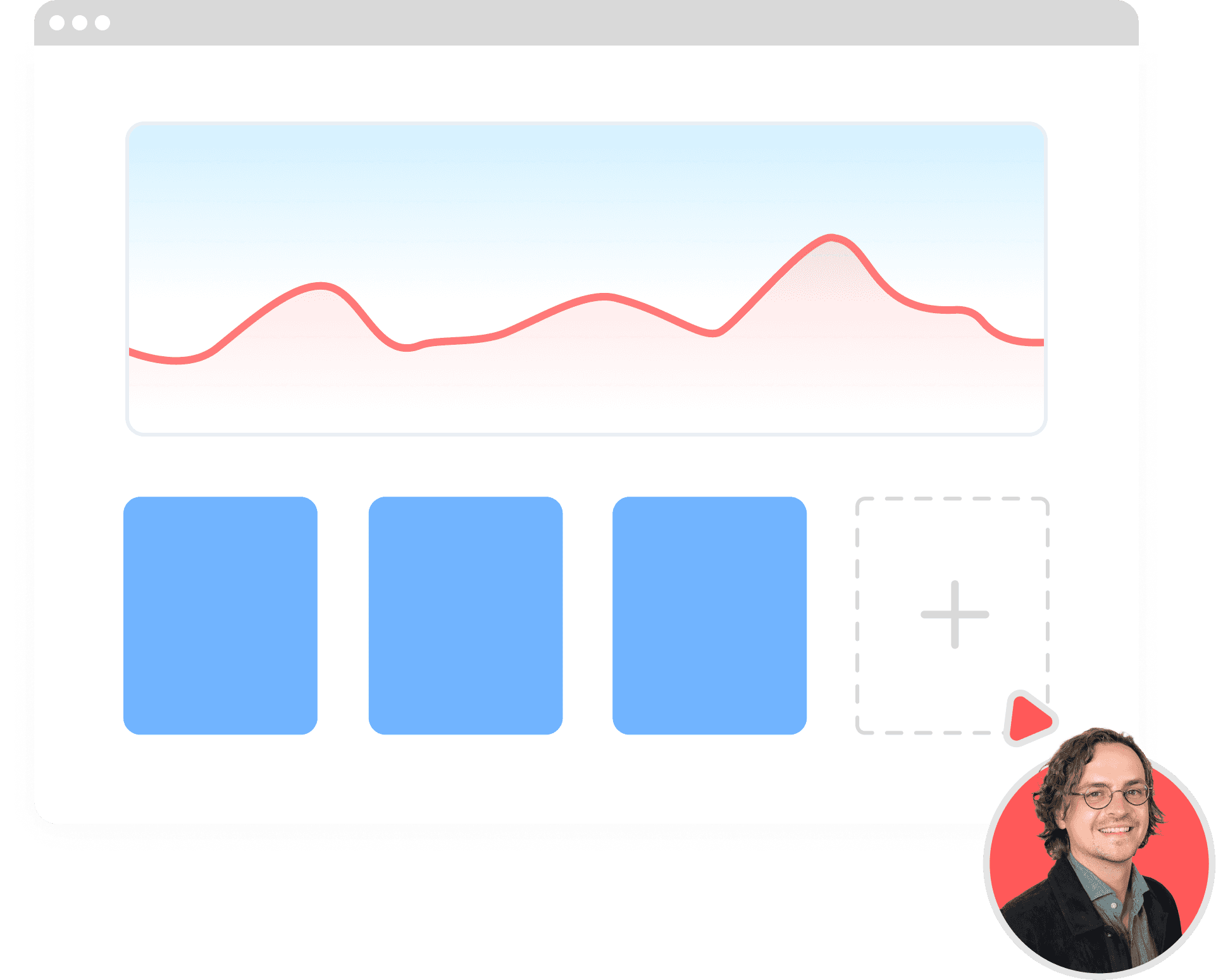 Vereinfachtes UI eines Dashboards. Maus eines Designers klickt auf ein Feld, um etwas hinzuzufügen.
